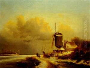 Winterlandschaft Mit Bockwindmuehle An Vereistem Fluss by Frederik Marinus Kruseman