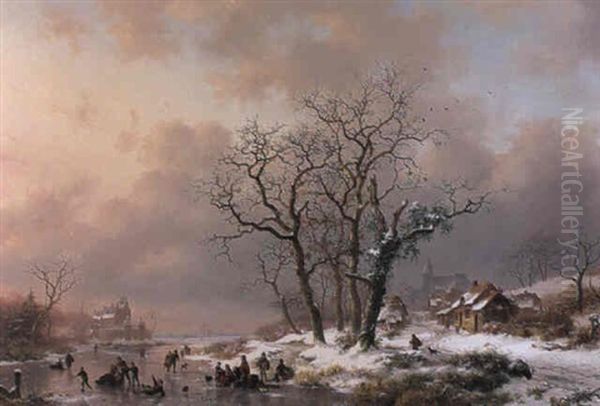 A Winter Landscape With Figures Skating On Frozen River - view 1