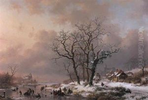 A Winter Landscape With Figures Skating On Frozen River by Frederik Marinus Kruseman