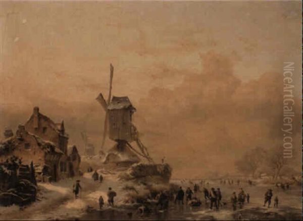Skaters On A Frozen River Before A Windmill - view 1