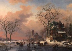 Countryfolk In Frozen River Landscape by Frederik Marinus Kruseman