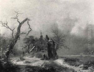 A Wooded Winter Landscape With Sportsmen By A Mansion