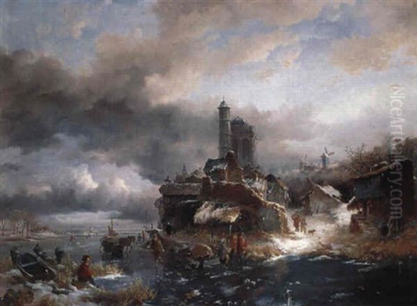 Winter: Figures On A Snowy Path And Skaters On A Frozen Waterway - view 1