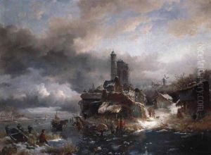 Winter: Figures On A Snowy Path And Skaters On A Frozen Waterway by Frederik Marinus Kruseman