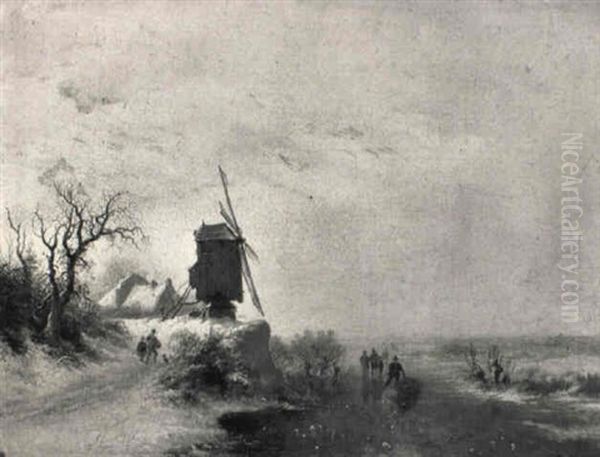 A Winter Landscape With Skaters On A Frozen River Near A Windmill - view 1