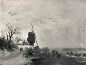 A Winter Landscape With Skaters On A Frozen River Near A Windmill by Frederik Marinus Kruseman