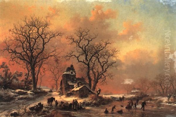 A Winter Landscape With Skaters And Figures Sledging On River - view 1