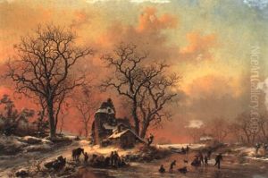 A Winter Landscape With Skaters And Figures Sledging On River by Frederik Marinus Kruseman