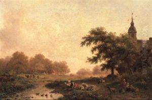 A River Landscape With Cows And Sheep by Frederik Marinus Kruseman
