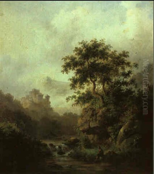 Gebirgslandschaft Mit Rastendem Wanderer An Einem Flusschen - view 1