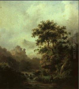 Gebirgslandschaft Mit Rastendem Wanderer An Einem Flusschen