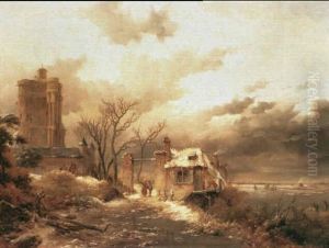 A Winter Landscape With Figures Skating On A Frozen River,  With A Cottage Before A Castle by Frederik Marinus Kruseman