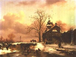Skaters On A Frozen River by Frederik Marinus Kruseman