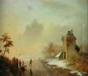 Figures On A Frozen River By A Tower