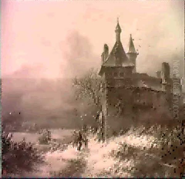 Winter: A Woman And Child On A Path Along A Frozen Waterway By A Castle - view 1