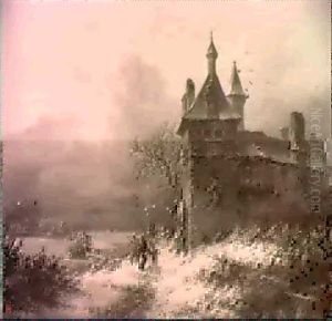 Winter: A Woman And Child On A Path Along A Frozen Waterway By A Castle by Frederik Marinus Kruseman