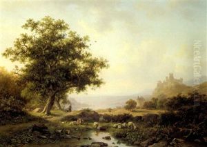 An Extensive River Landscape With A Castle On A Hill Beyond by Frederik Marinus Kruseman