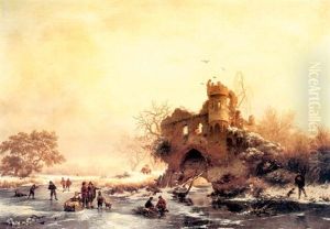 Winter Landscape With Skaters On A Frozen River Beside      Castle Ruins