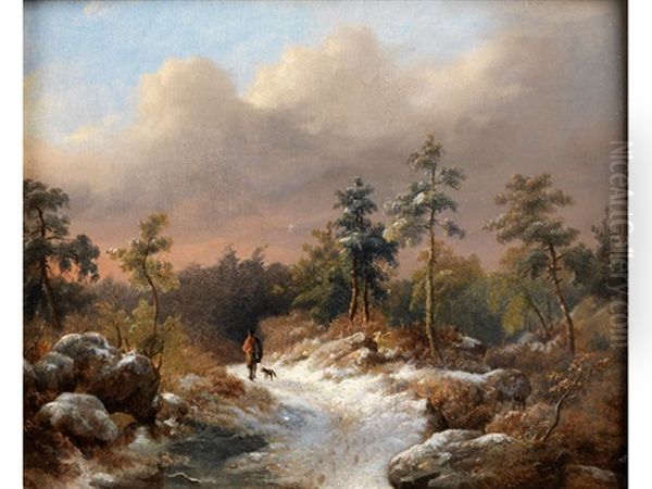 Steinige Baumlandschaft Mit Wanderer Und Hund Auf Einem Gerollweg Unter Bauschigen Wolken - view 1