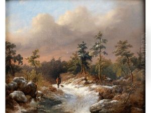 Steinige Baumlandschaft Mit Wanderer Und Hund Auf Einem Gerollweg Unter Bauschigen Wolken