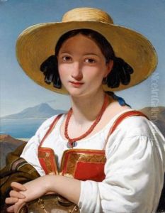 Napolitaine Au Chapeau De Paille Et Collier De Corail Devant La Baie De Naples