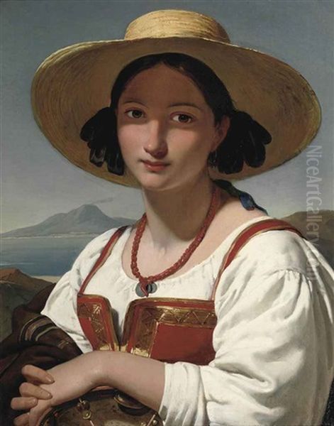 Portrait Of A Neapolitan Girl, With The Vesuvius In The Distance - view 1