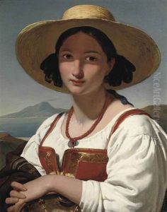 Portrait Of A Neapolitan Girl, With The Vesuvius In The Distance by Jan Adam Janszoon Kruseman