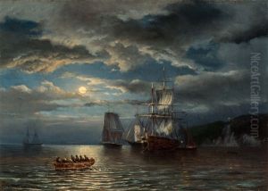 Ships At Anchor Under The Moonlight by Jan Theodoor Kruseman