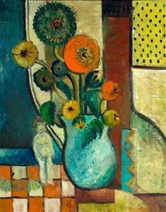 Stilleven Met Bloemen In Blauwe Vaas En Naaktbeeldje