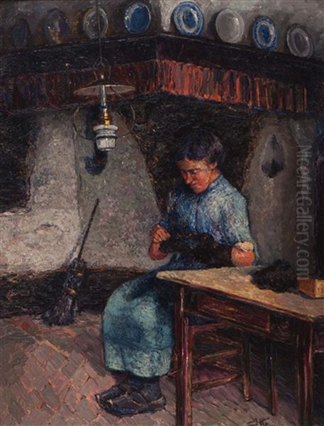 Mending Socks In The Farm Kitchen - view 1