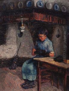 Mending Socks In The Farm Kitchen by Jan Kruysen