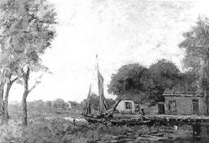 Boerderijtje Aan De Vaart Met Daarvoor Een Zeilscheepje Boerderijtje Aan De Vaart Met Daarvoor Een Zeilscheepje