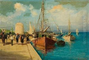 Promenade By The White Tower, Thessaloniki (+ Fishermen On A Beach, Oil On Panel; 2 Works)