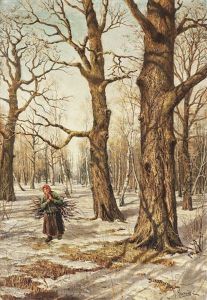 Verschneiter Wald Mit Reisigsammlerin Verschneiter Wald Mit Reisigsammlerin