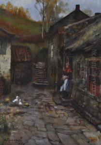 Woman Outside A Farm Cottage by Arthur Beckingham
