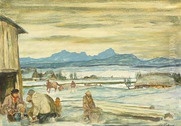 Winterlandschaft Mit Verschneiten Feldern Und Gebirgshorizont - view 1