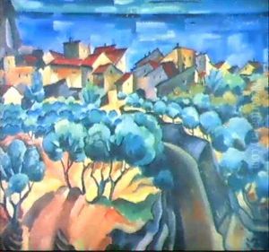 Istrische Landschaft Mit Rot Gedeckten Hausern by Bohumil Kubista