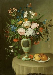 Auf Einem Runden Tisch Steht Eine Seladonvase Mit Prachtvollem Blumenstraus, U
