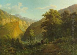 Sommerliche Alpenlandschaft Mit Kutsche Und Ziegen Uber Einer Tiefen Talschlucht