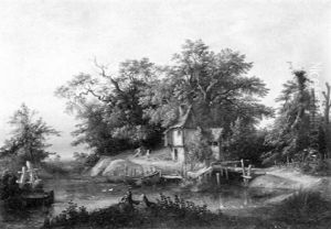 Bewaldete Landschaft Mit Einem Fachwerkhauschen by Theodor Kuchel