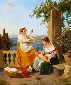 Two Young Italian Women Playing With An Infant On A Terrace by Albert Kuchler