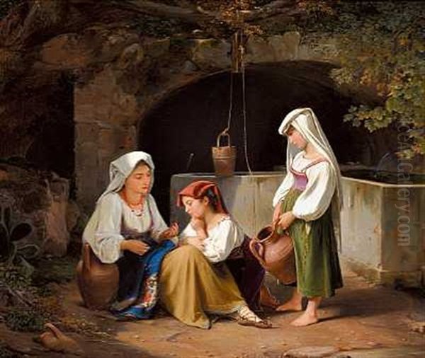 En Aeldre Pige Laerer Tvende Yngre At Bede Pa Rosenkrandsen - view 1