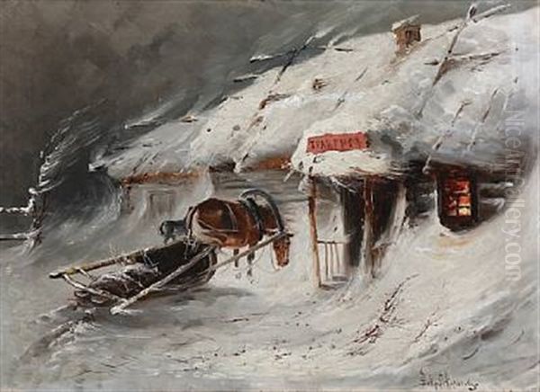 Outside The Inn On A Winter Evening - view 1