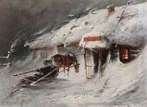 Outside The Inn On A Winter Evening by Viktor Petrovich Kuchmenko