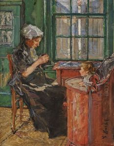 Dutch Seamstress With Child At The Window by Gotthardt Kuehl