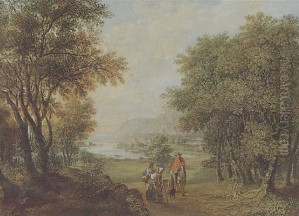 Weite, Bewaldete Flusslandschaft Mit Einem Reiter Und Bettlern - view 1