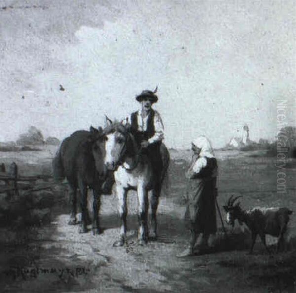 Bauer Zu Pferd Und Bauerin Mit Ziege Auf Einem Feldweg - view 1