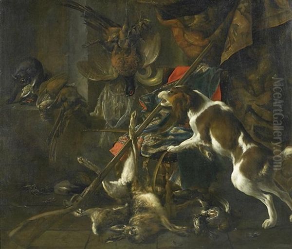 Reiches Jagdstilleben, Mit Erlegtem Wildgeflugel, Hasen Und Flinte Sowie Hund Und Katz, Um Federvieh Streitend - view 1