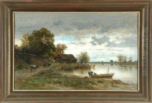 Ruderboot Mit Personen Am Seeufer Und Kuhen Am Uferweg by Wilhelm Kuehling