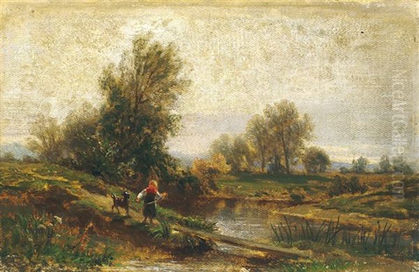 Bachlandschaft An Einem Sommertag, Kind Mit Ziege Am Ufer - view 1